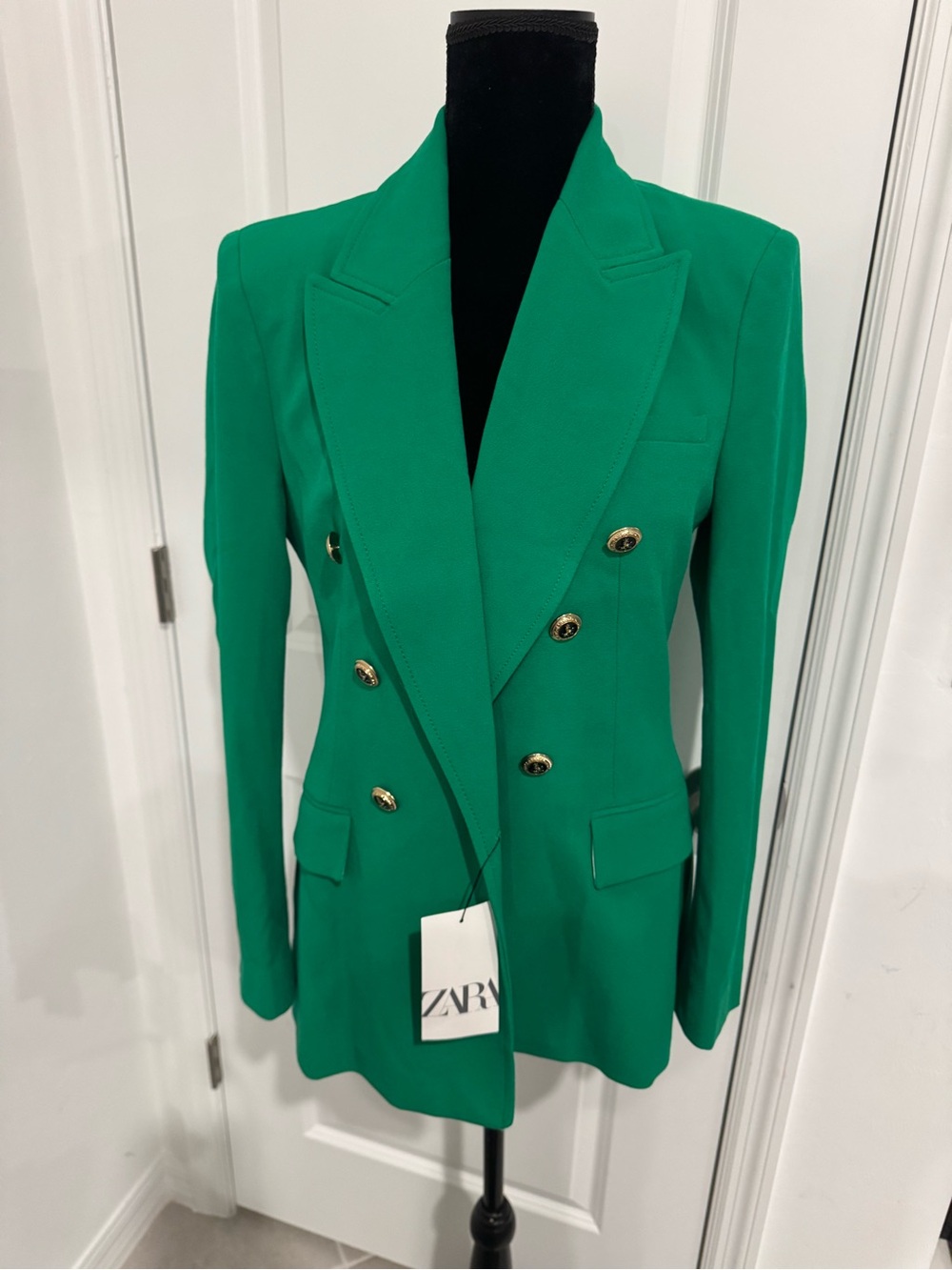 Zara Green Double-Breasted Blazer with Gold Buttons